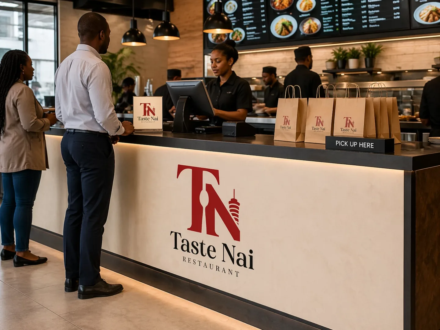 Guests waiting at the Taste Nai counter beside the order collection point