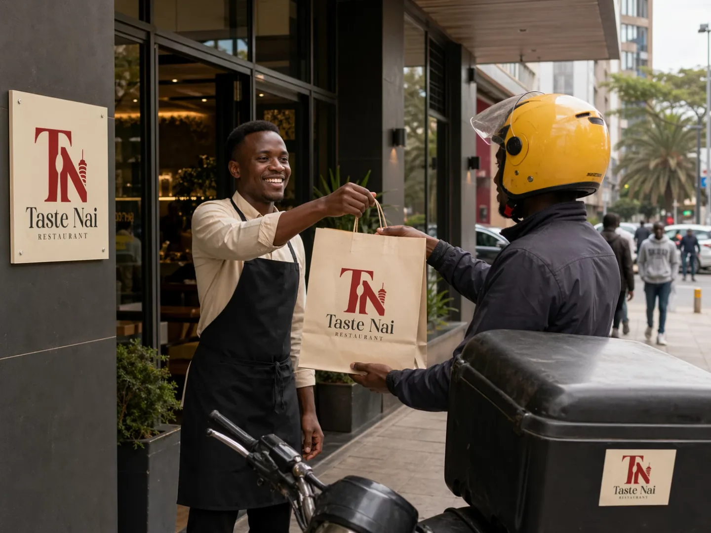 A Taste Nai takeaway order handed to a waiting delivery rider