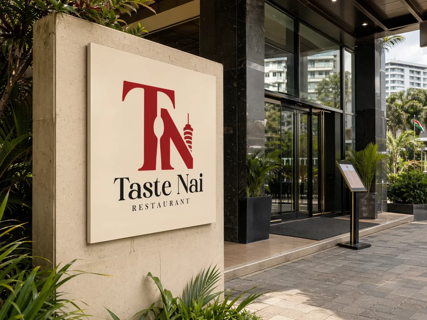 Taste Nai Restaurant entrance signage at street level, 689 Place Mall on Langata Road, Karen
