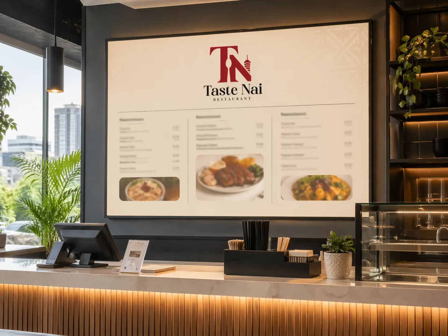 The illuminated menu board above the Taste Nai counter